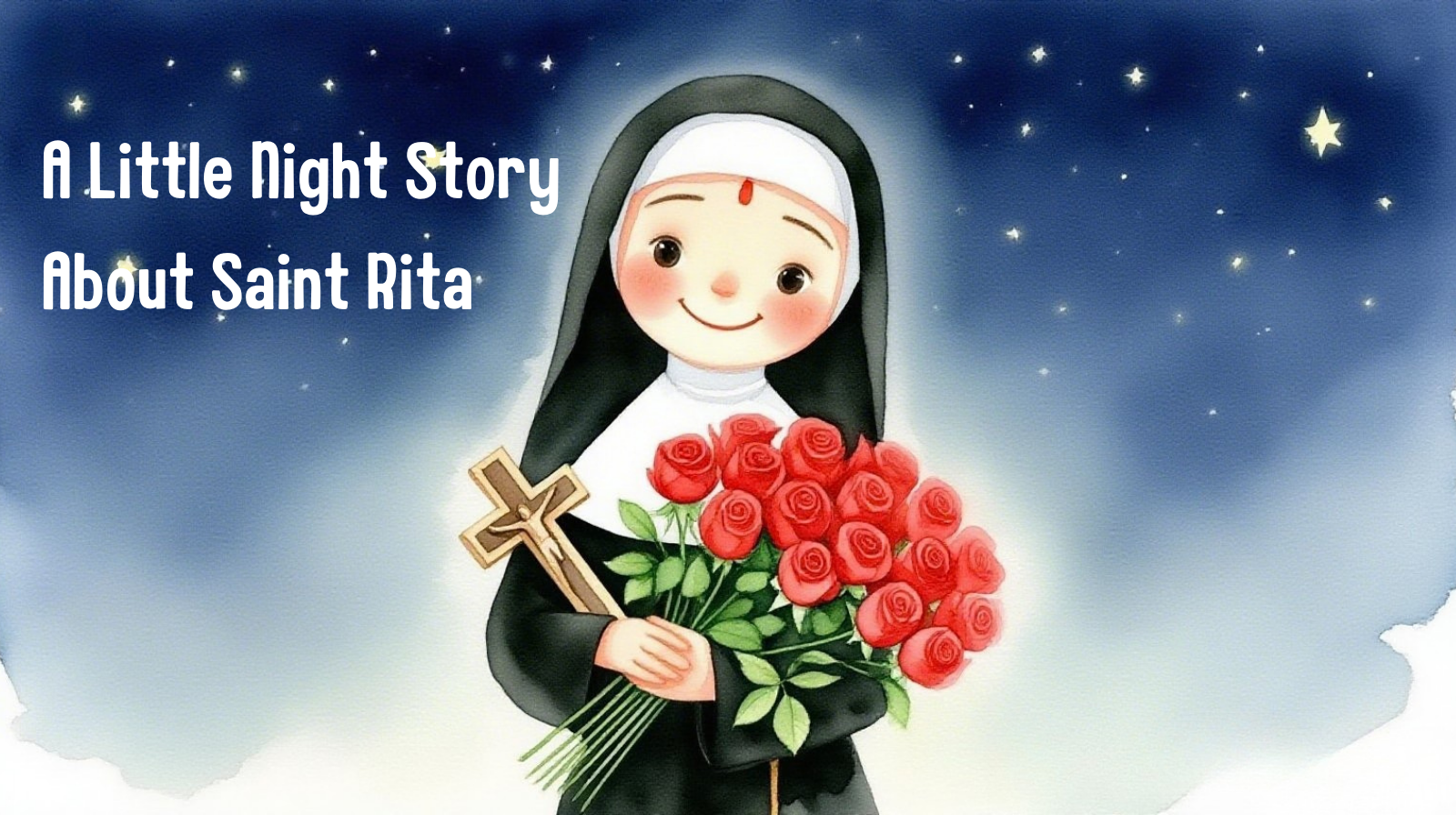 Soft childlike illustration of Saint Rita holding a cross and red roses under a gentle twilight sky, peaceful devotional style for children