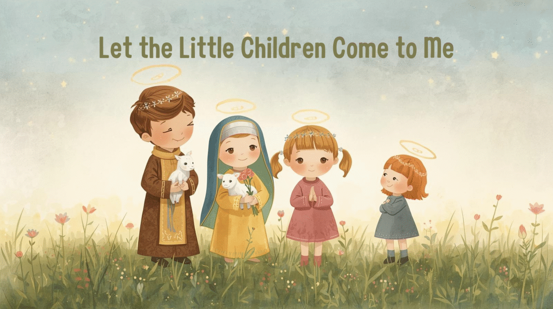 Childlike illustration of Catholic saints in a peaceful meadow encouraging children to pray, soft watercolor devotional style with gentle halos and evening sky