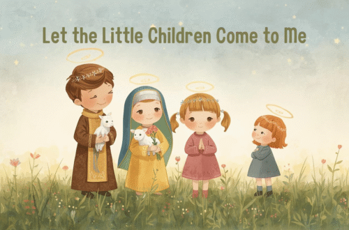 Childlike illustration of Catholic saints in a peaceful meadow encouraging children to pray, soft watercolor devotional style with gentle halos and evening sky