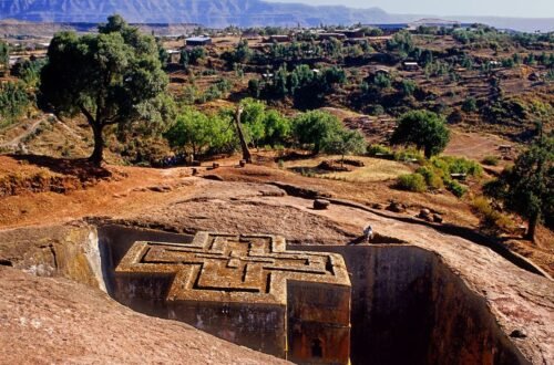 Rock-hewn church in Lalibela Ethiopia carved directly into solid volcanic rock