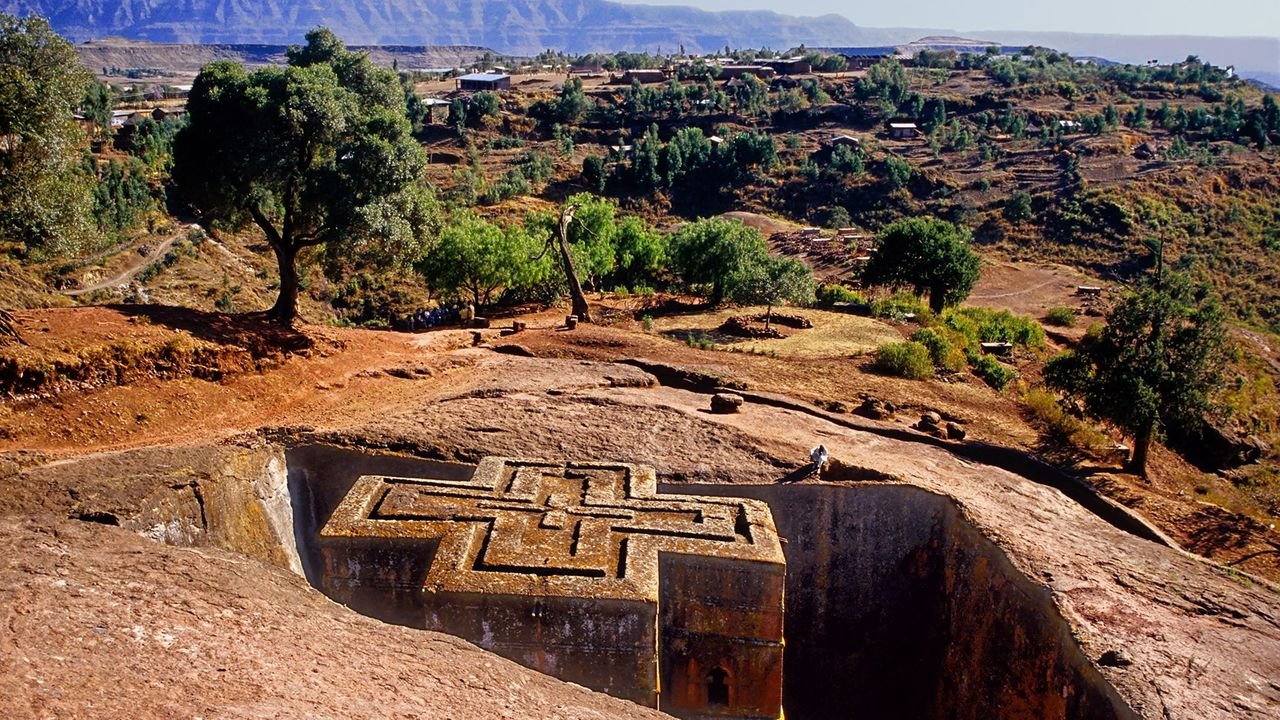 Rock-hewn church in Lalibela Ethiopia carved directly into solid volcanic rock