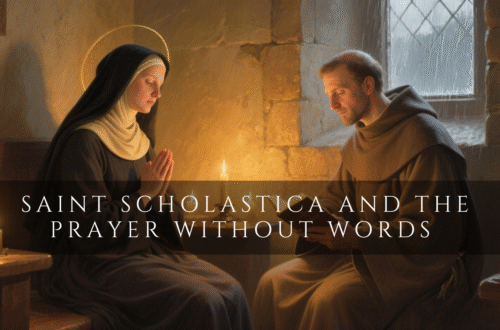 Saint Scholastica and Saint Benedict seated together in a quiet monastery, sharing spiritual conversation and prayer, symbolizing love, obedience, and trust in God