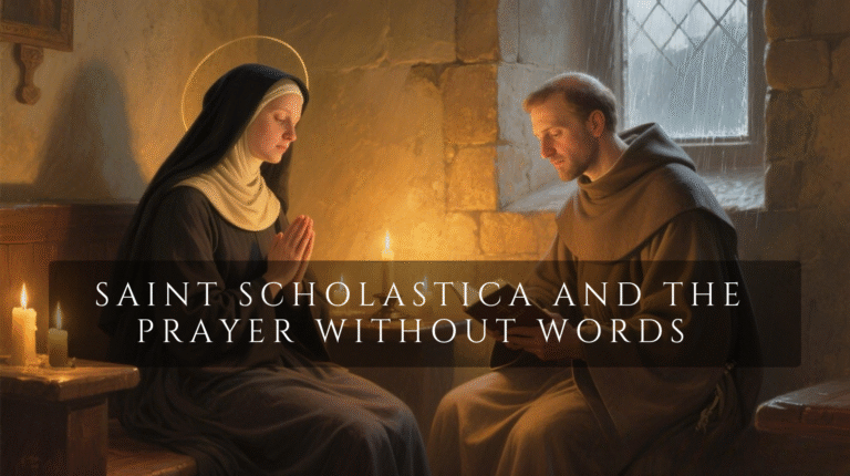 Saint Scholastica and Saint Benedict seated together in a quiet monastery, sharing spiritual conversation and prayer, symbolizing love, obedience, and trust in God