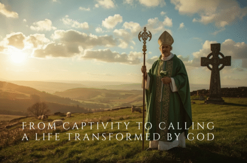 Saint Patrick standing on a sunlit Irish hillside holding a staff and shamrock, with a Celtic cross in the background
