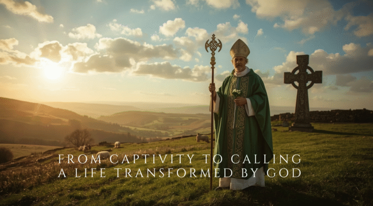Saint Patrick standing on a sunlit Irish hillside holding a staff and shamrock, with a Celtic cross in the background