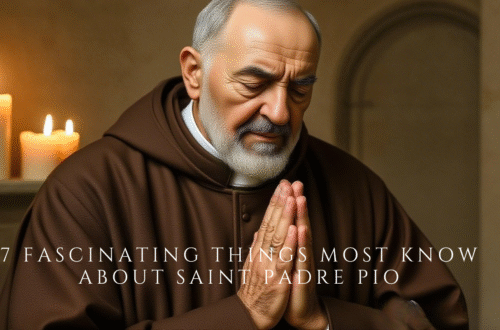Saint Padre Pio of Pietrelcina praying with rosary in candlelight inside a monastery with a crucifix behind him.