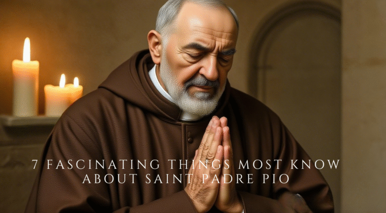 Saint Padre Pio of Pietrelcina praying with rosary in candlelight inside a monastery with a crucifix behind him.