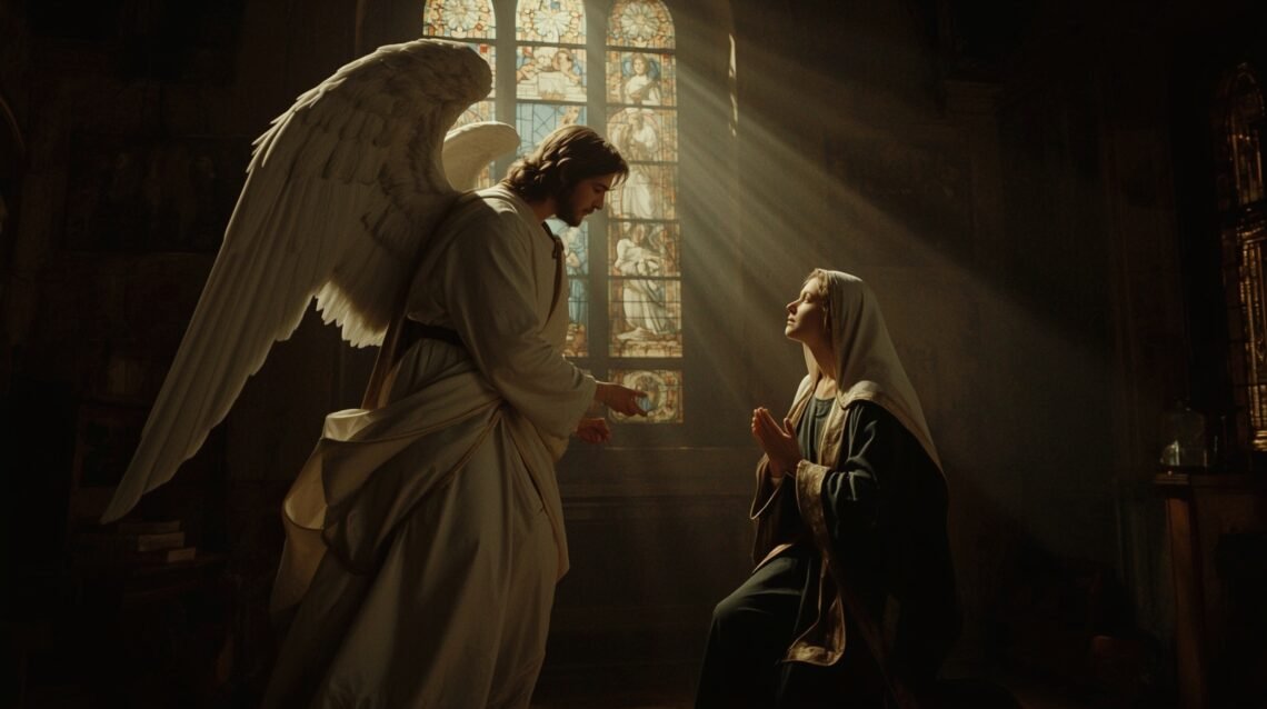 Archangel Gabriel appearing to the Virgin Mary during the Annunciation with radiant heavenly light.