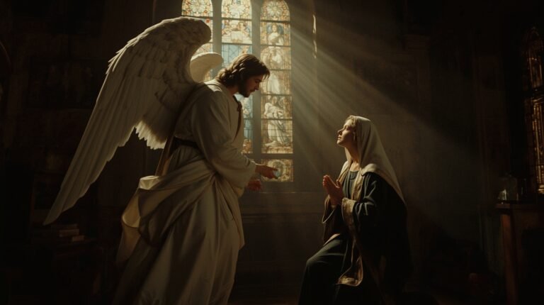 Archangel Gabriel appearing to the Virgin Mary during the Annunciation with radiant heavenly light.
