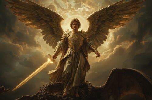 Archangel Michael defeating the dragon with a sword of light, symbolizing protection and victory over evil.