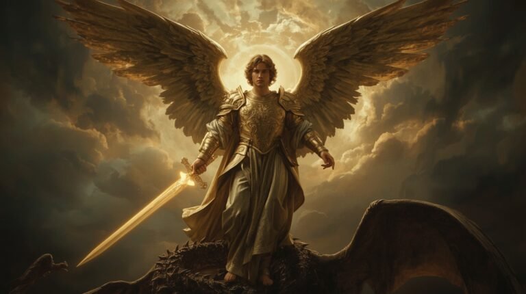 Archangel Michael defeating the dragon with a sword of light, symbolizing protection and victory over evil.