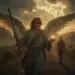 Archangel Raphael walking beside a traveler with wings and staff, symbolizing divine healing and guidance.