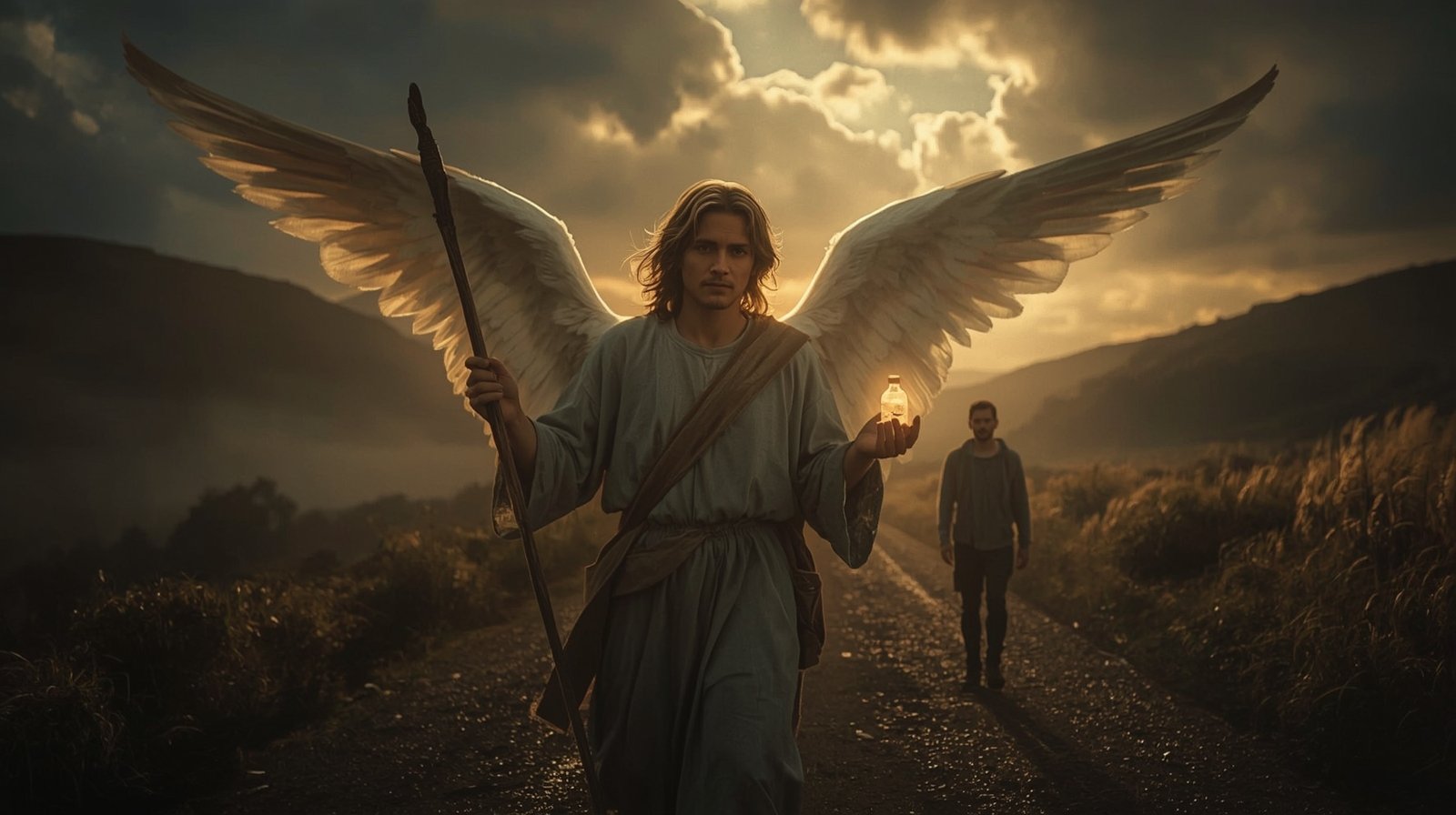 Archangel Raphael walking beside a traveler with wings and staff, symbolizing divine healing and guidance.