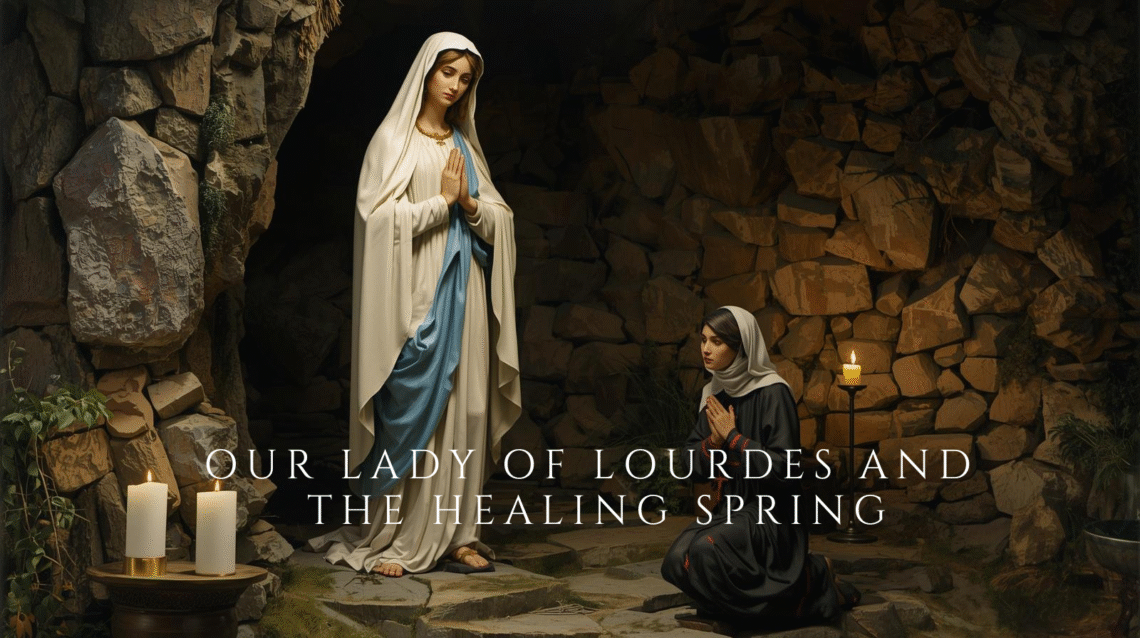 Our Lady of Lourdes appearing to Saint Bernadette near the grotto in a peaceful devotional setting