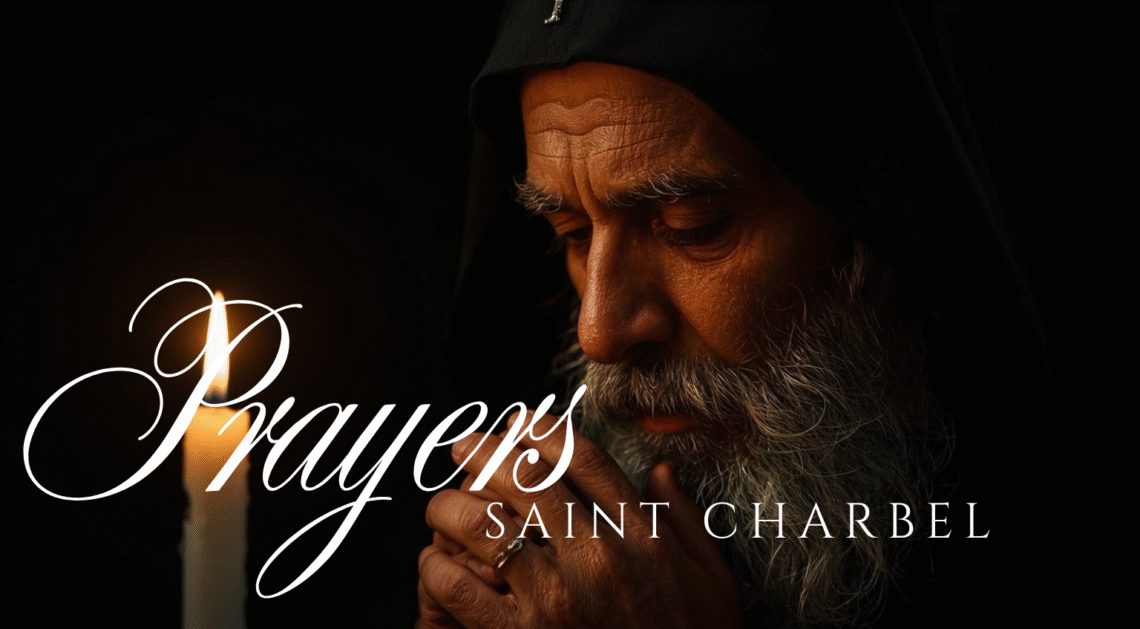 Saint Charbel in monk robes with peaceful expression, symbolizing healing and spiritual strength