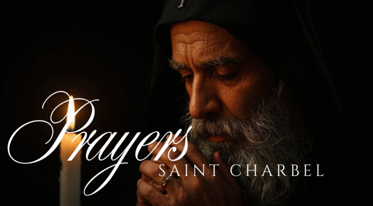 Saint Charbel in monk robes with peaceful expression, symbolizing healing and spiritual strength
