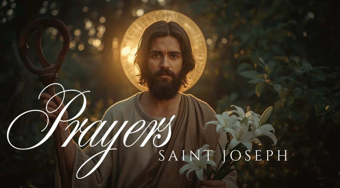 Saint Joseph holding tools and lilies, symbolizing work, provision, and purity