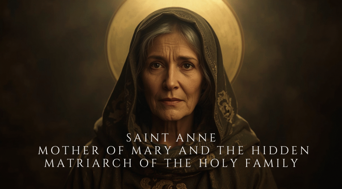 Saint Anne alone in soft golden light, wise and peaceful expression, biblical robes