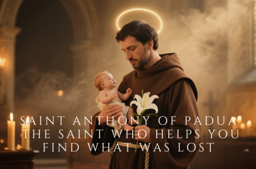 Saint Anthony of Padua holding the Child Jesus and a lily inside a softly lit church, symbolizing purity, divine love, and his role as the patron saint of lost things