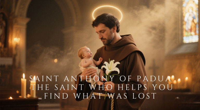 Saint Anthony of Padua holding the Child Jesus and a lily inside a softly lit church, symbolizing purity, divine love, and his role as the patron saint of lost things