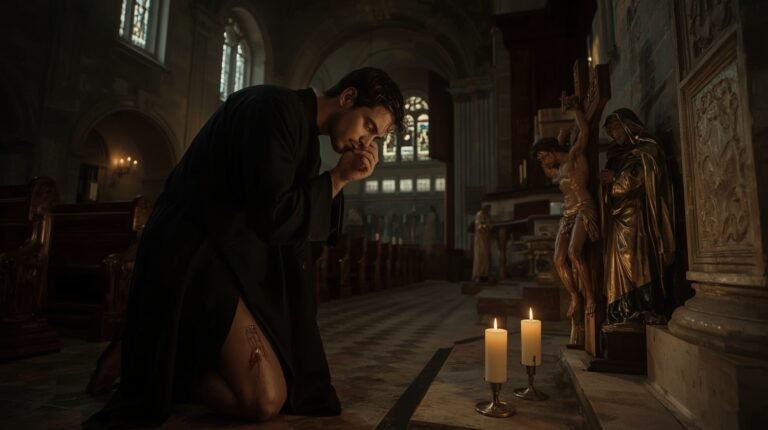 Saint Peregrine praying before a crucifix, patron saint of cancer patients and those suffering from serious illness