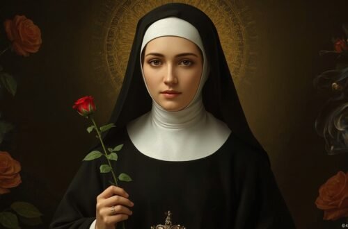 Saint Rita of Cascia holding a red rose symbolizing the novena prayer for impossible causes.