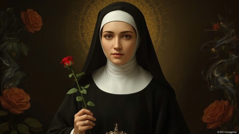 Saint Rita of Cascia holding a red rose symbolizing the novena prayer for impossible causes.