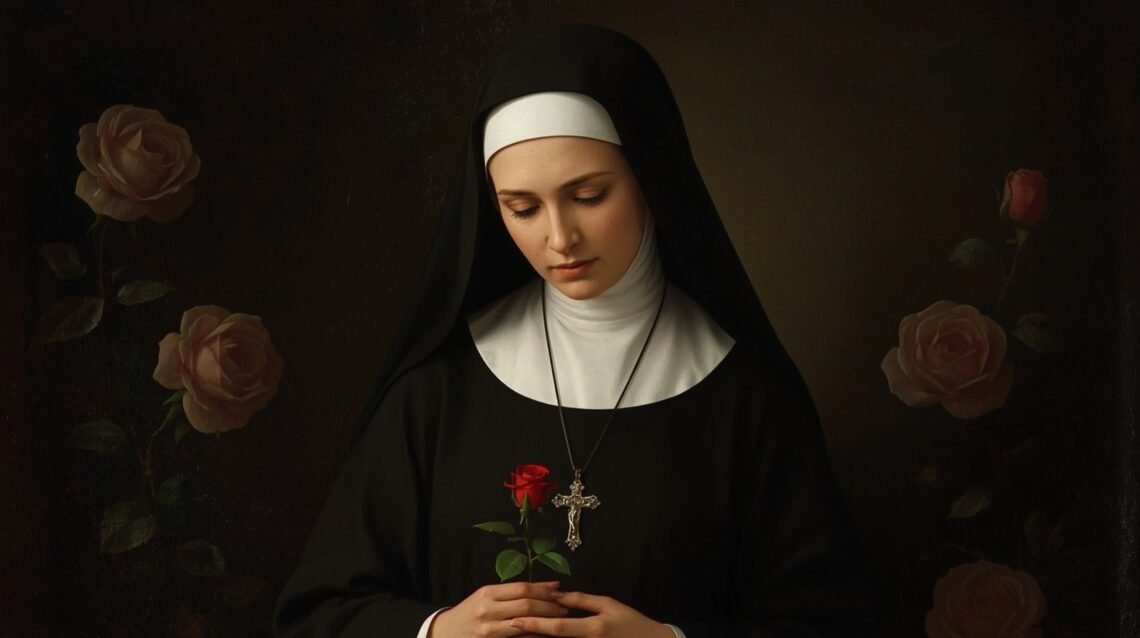 Saint Rita of Cascia holding a red rose, symbol of the miracle associated with the patron saint of impossible causes.