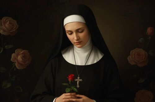 Saint Rita of Cascia holding a red rose, symbol of the miracle associated with the patron saint of impossible causes.