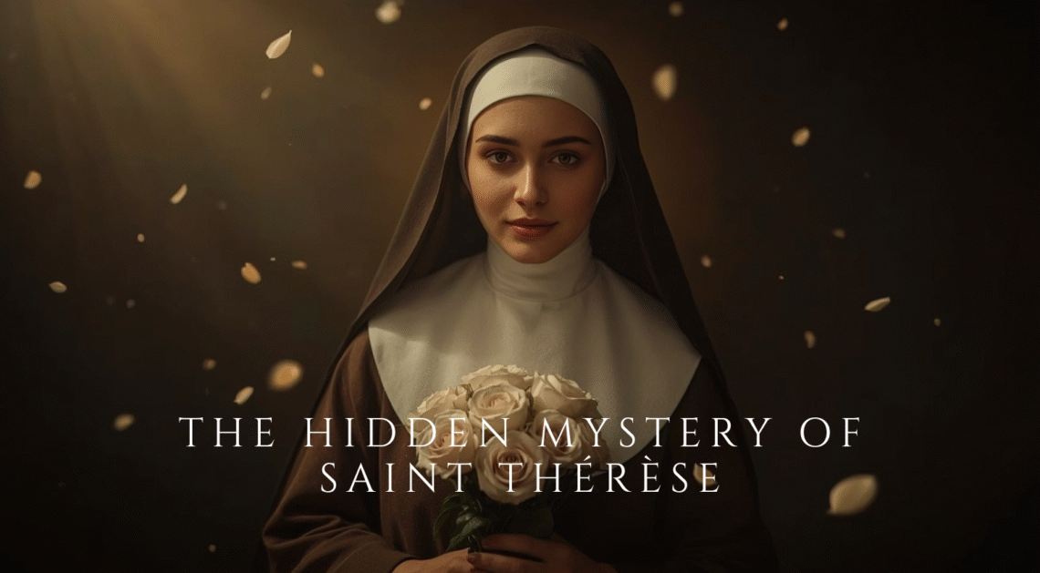 Saint Thérèse of Lisieux holding roses with soft golden light and peaceful expression