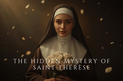 Saint Thérèse of Lisieux holding roses with soft golden light and peaceful expression