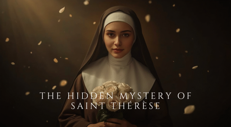 Saint Thérèse of Lisieux holding roses with soft golden light and peaceful expression