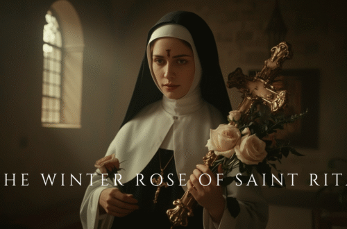 Saint Rita of Cascia in prayer wearing a black habit, holding or shown with a rose in a candlelit devotional setting