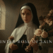 Saint Rita of Cascia in prayer wearing a black habit, holding or shown with a rose in a candlelit devotional setting