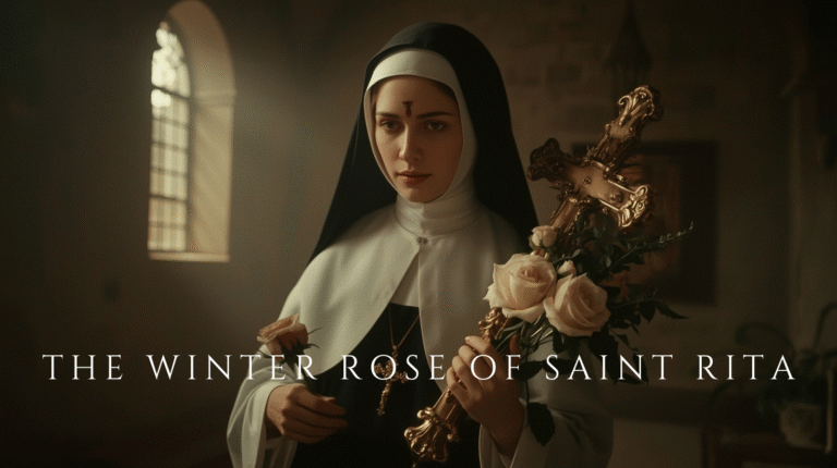 Saint Rita of Cascia in prayer wearing a black habit, holding or shown with a rose in a candlelit devotional setting