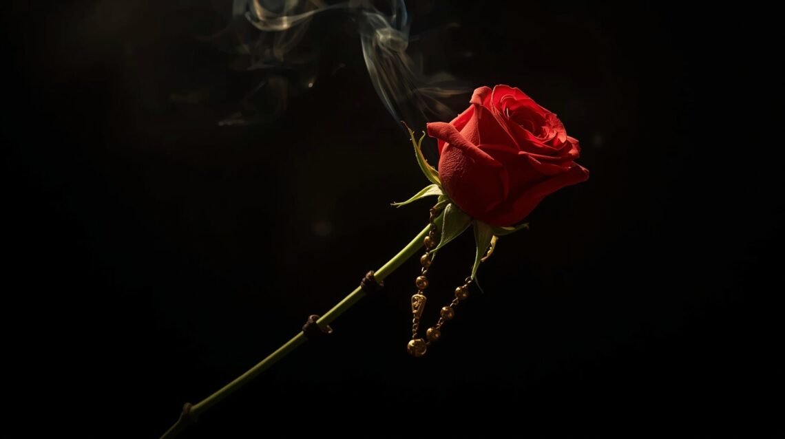 Single red rose with rosary beads symbolizing Saint Rita of Cascia, Marian devotion, and the spiritual meaning of roses in Catholic tradition.
