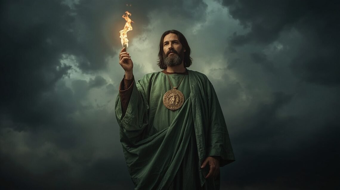 Sacred image of Saint Jude the Apostle with a radiant halo and flame above his head, symbolizing the Holy Spirit, patron saint of impossible causes in Catholic devotion.