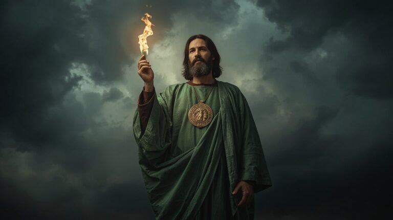 Sacred image of Saint Jude the Apostle with a radiant halo and flame above his head, symbolizing the Holy Spirit, patron saint of impossible causes in Catholic devotion.
