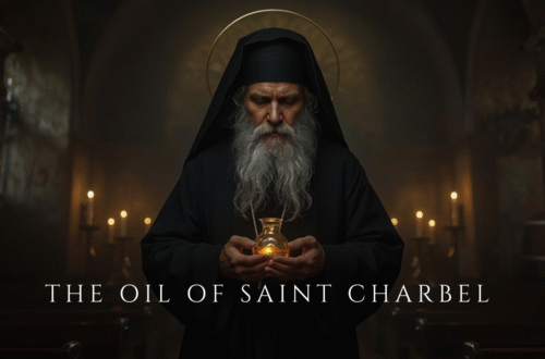 Saint Charbel monk holding blessed oil vessel in pryaer inside monastery setting in Annaya Lebanon