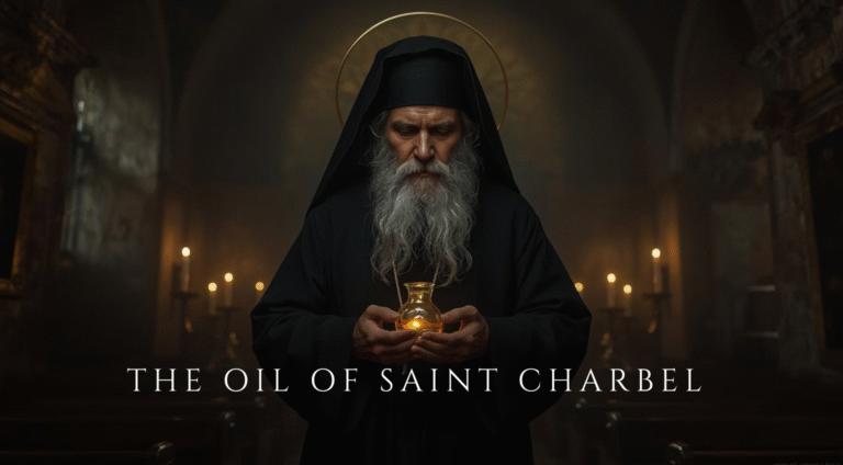 Saint Charbel monk holding blessed oil vessel in pryaer inside monastery setting in Annaya Lebanon