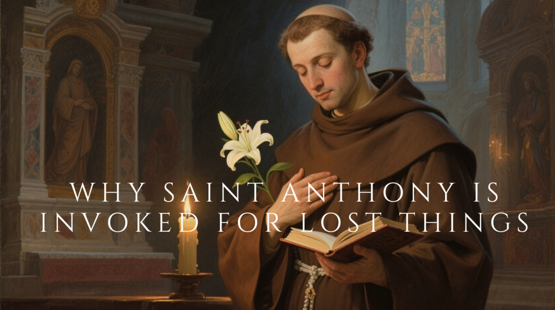 Saint Anthony of Padua in prayer with a gentle expression, wearing a brown Franciscan habit in a candlelit church setting