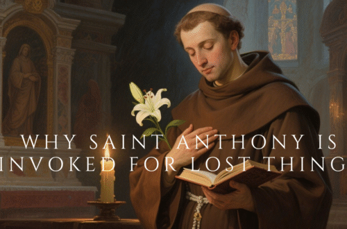 Saint Anthony of Padua in prayer with a gentle expression, wearing a brown Franciscan habit in a candlelit church setting