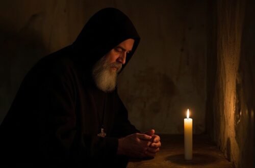 Saint Charbel Makhlouf in prayer wearing a black Maronite hood and robe in a dark candlelit monastery