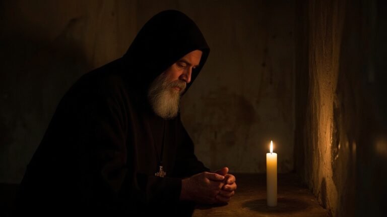 Saint Charbel Makhlouf in prayer wearing a black Maronite hood and robe in a dark candlelit monastery