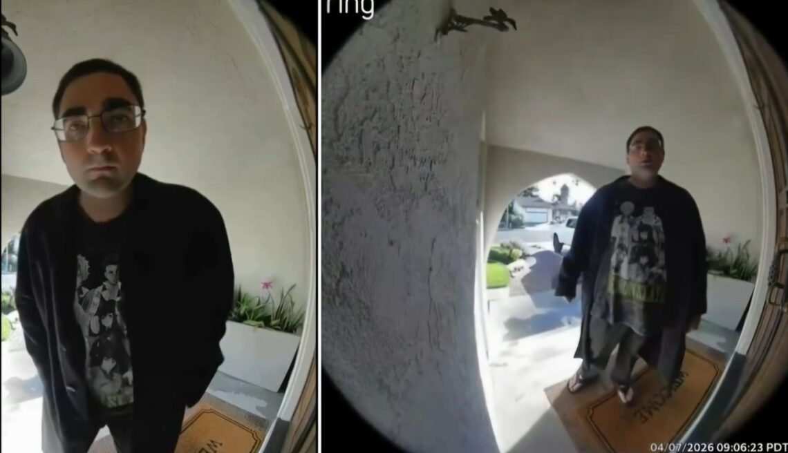 Ring camera screenshot of a man standing at a family’s front door during a frightening viral doorstep incident