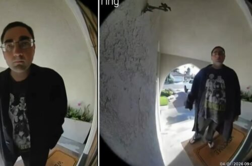 Ring camera screenshot of a man standing at a family’s front door during a frightening viral doorstep incident