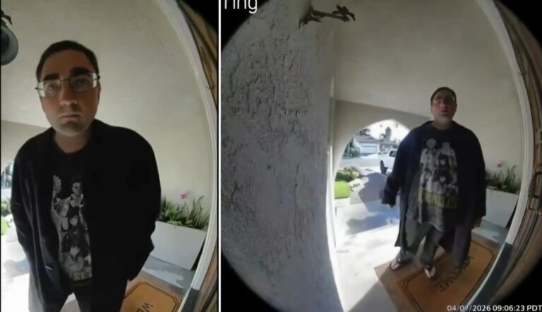 Ring camera screenshot of a man standing at a family’s front door during a frightening viral doorstep incident