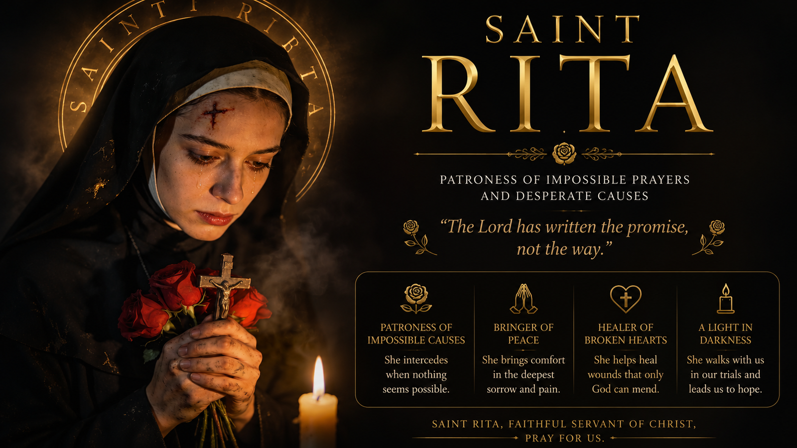 Saint Rita holding a crucifix and roses in prayer, Catholic patron saint of impossible causes and desperate situations.