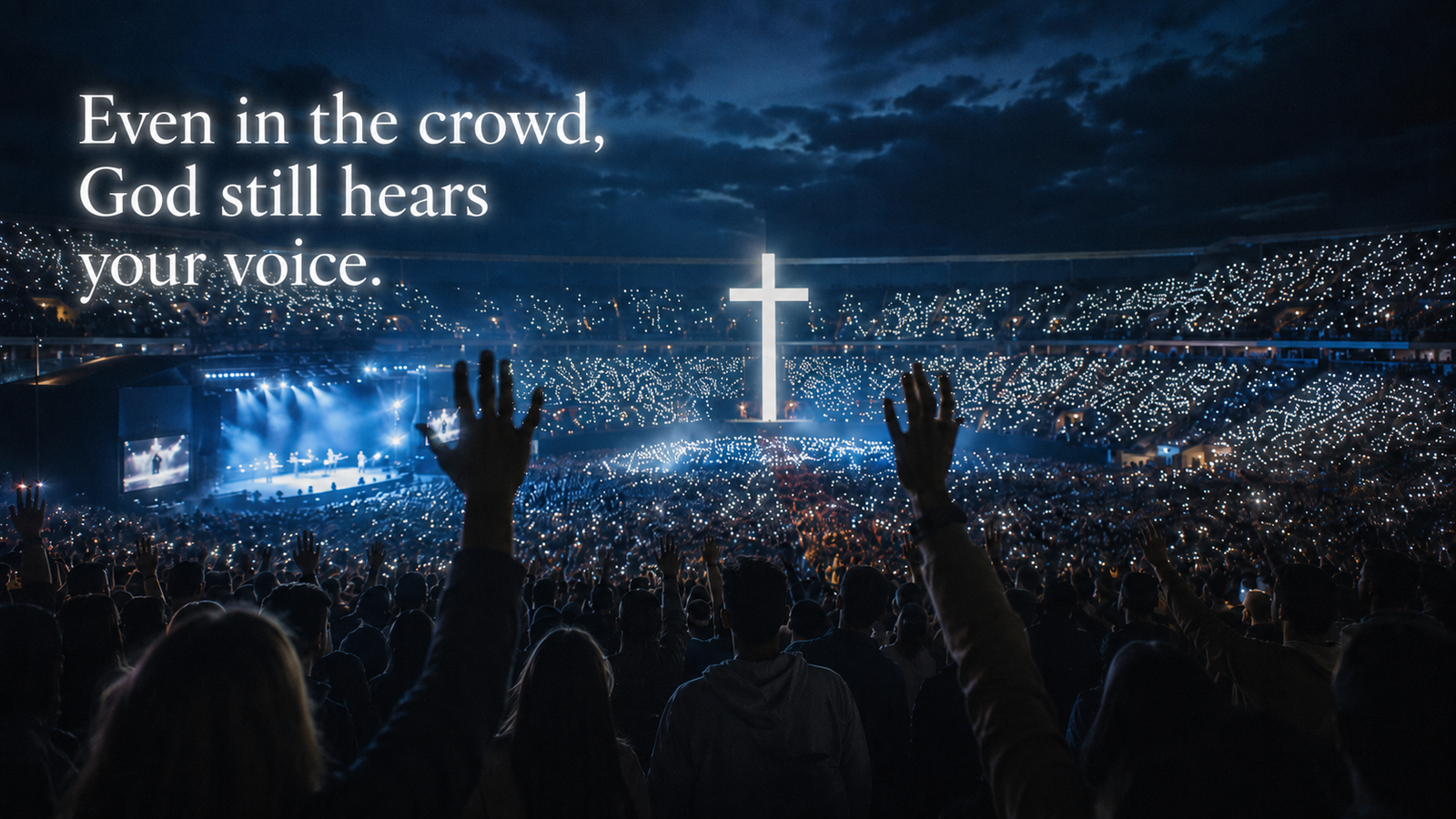 Large Christian worship gathering at night with a glowing cross as thousands raise their hands in prayer and praise.