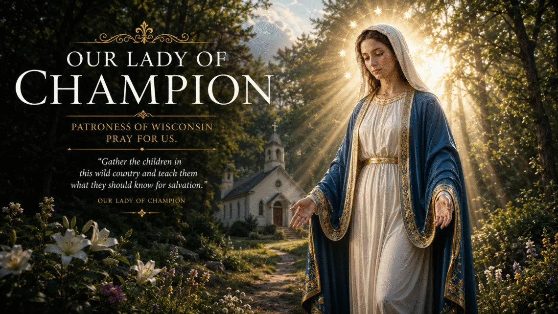 Our Lady of Champion standing in radiant light before a small chapel in Wisconsin, inviting believers to deeper faith, prayer, healing, and trust in Jesus Christ.